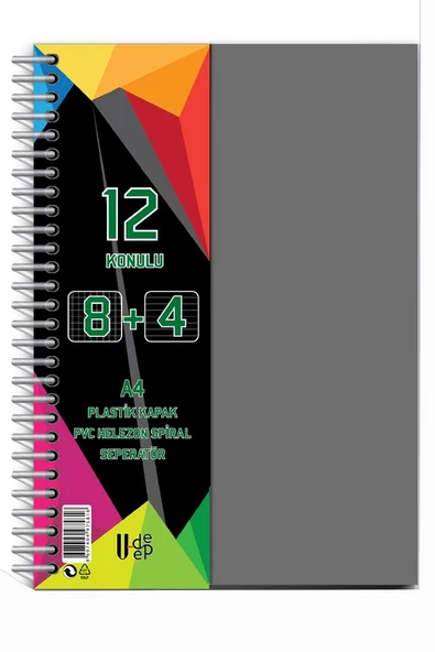 8+4 Ayraçlı Defter 12 Konulu 300 Yaprak 1 Adet 8 Kareli 4 Çizgili Spralli Plastik Kapak Seperatörlü - 6
