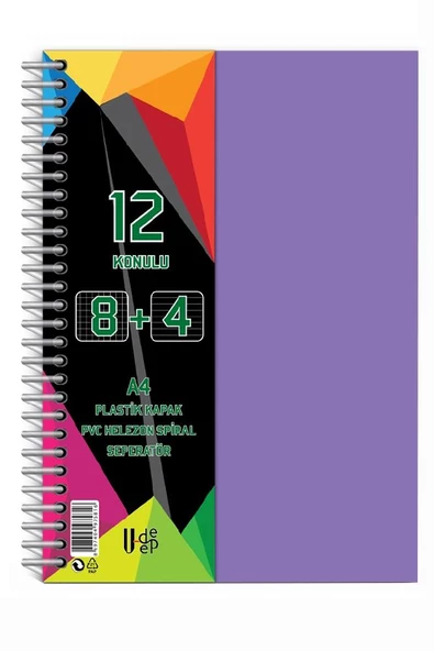 8+4 Ayraçlı Defter 12 Konulu 300 Yaprak 1 Adet 8 Kareli 4 Çizgili Spralli Plastik Kapak Seperatörlü - 7