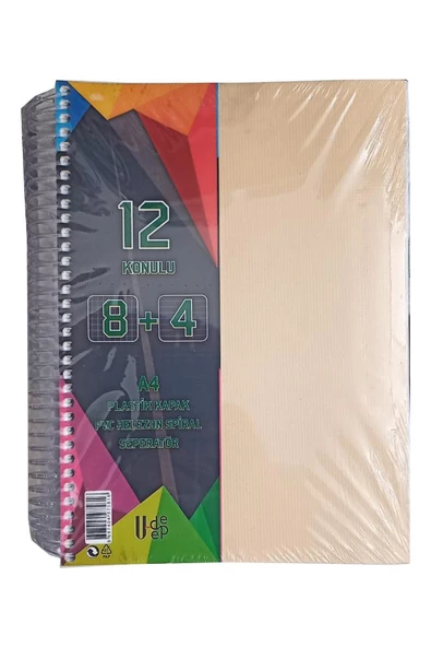 8+4 Ayraçlı Defter 12 Konulu 300 Yaprak 1 Adet 8 Kareli 4 Çizgili Spralli Plastik Kapak Seperatörlü - 3