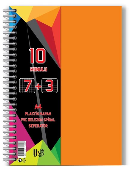 7+3 Ayraçlı Defter 10 Konulu 300 Yaprak 1 Adet 7 Kareli 3 Çizgili Spralli Plastik Kapak Seperatörlü - 9