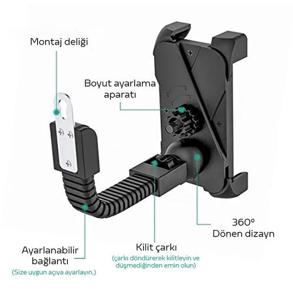 Polham Motosiklet, Bisiklet ve Scooter İçin Aynaya Takılan Telefon Tutucu, Kilit Özellikli Tutucu - 4