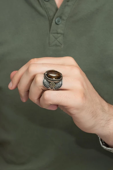 Kaplan Gözü Taşlı Mührü Süleyman Motifli 925 Gümüş Erkek Yüzük - Resim 3