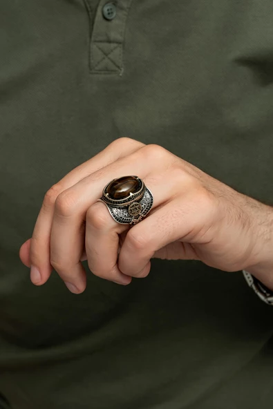 Kaplan Gözü Taşlı Mührü Süleyman Motifli 925 Gümüş Erkek Yüzük - Resim 4