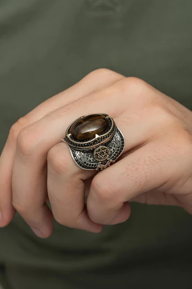 Kaplan Gözü Taşlı Mührü Süleyman Motifli 925 Gümüş Erkek Yüzük - Resim 5