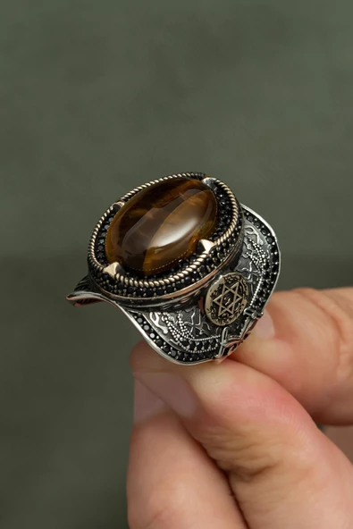 Kaplan Gözü Taşlı Mührü Süleyman Motifli 925 Gümüş Erkek Yüzük - Resim 8