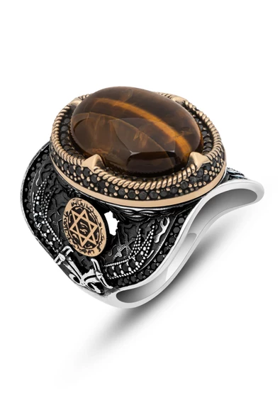 Kaplan Gözü Taşlı Mührü Süleyman Motifli 925 Gümüş Erkek Yüzük - Resim 2