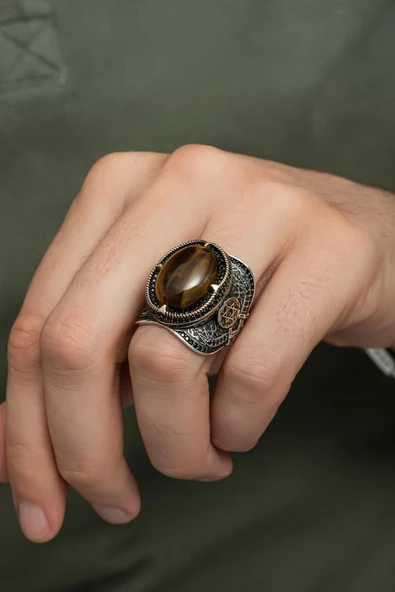 Kaplan Gözü Taşlı Mührü Süleyman Motifli 925 Gümüş Erkek Yüzük - Resim 6