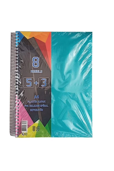 5+3 Ayraçlı Defter 8 Konulu 200 Yaprak 1 Adet 5 Kareli 3 Çizgili Spralli Plastik Kapak Seperatörlü - 6
