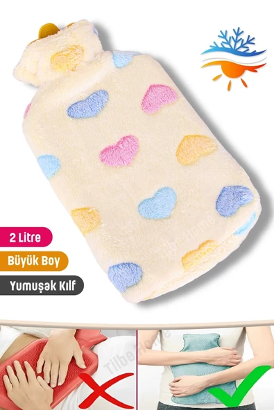 Sıcak Su Torbası Termofor Polar Kılıflı Kalp Desenli Büyük Boy Sıcak Su Torbası 2 Litre Isıtıcı Ped