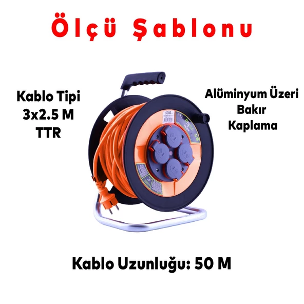 Bylion IP44 Plastik Seyyar Makaralı Kapaklı 4 Prizli Uzatma Kablosu 3x2.5 mm 50 Metre Termal Sigorta - 2