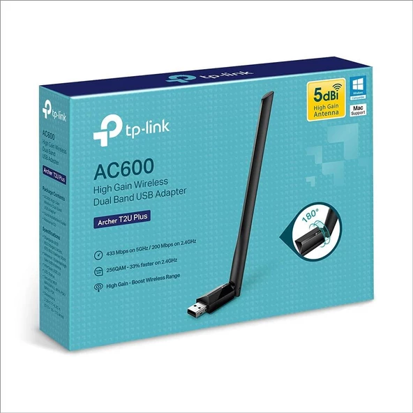 TP-Link Archer T2U Plus, AC600 Mbps Kablosuz Dual-Band USB Adaptör - 3