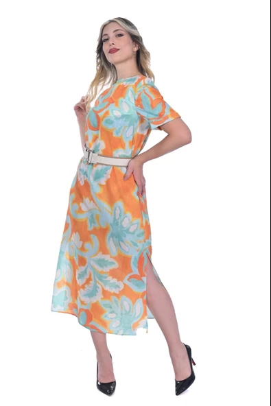 MODATALİKA Kadın  Renkli  Midi Boy İki Yandan Yırtmaçlı Elbise - Resim 6