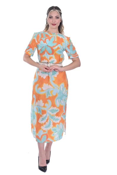 MODATALİKA Kadın  Renkli  Midi Boy İki Yandan Yırtmaçlı Elbise - Resim 2