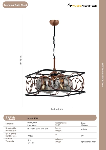 A-180-4 CPR Bakır Avize - Resim 3