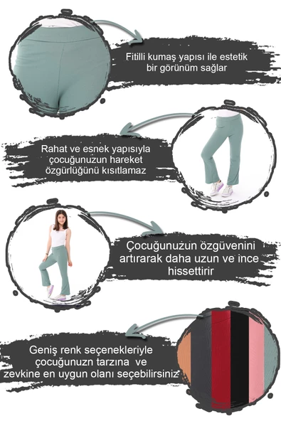 Kız Çocuk İspanyol Paça Yüksek Bel Toparlayıcı Fitilli Uzun Tayt Pantolon - 3