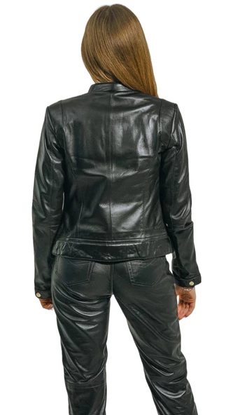 Viky Siyah Hakiki Deri Altın Renk Aksesuarlı Kadın Ceket - 4