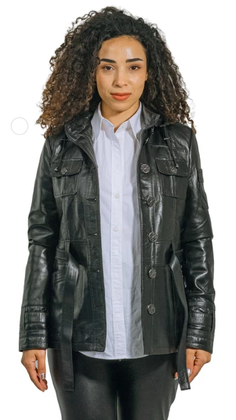 Hakiki Deri Siyah Kadın Ceket Kapşonlu ve Kemerli Sandy İle Şık ve Modern Tasarım - 4