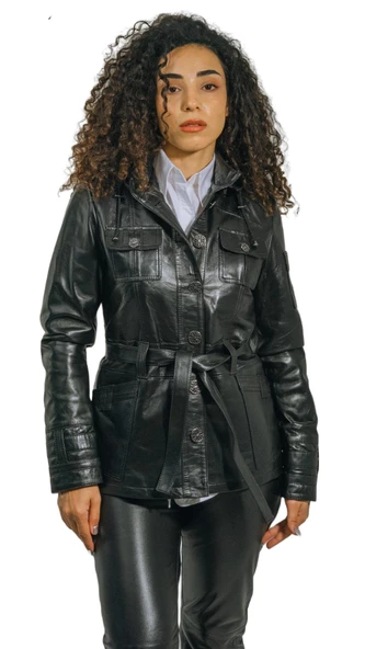 Hakiki Deri Siyah Kadın Ceket Kapşonlu ve Kemerli Sandy İle Şık ve Modern Tasarım - 2