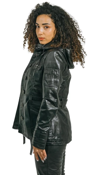 Hakiki Deri Siyah Kadın Ceket Kapşonlu ve Kemerli Sandy İle Şık ve Modern Tasarım - 6