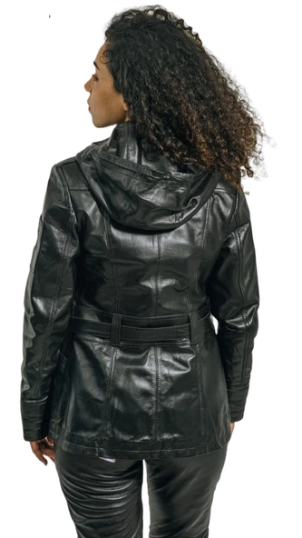 Hakiki Deri Siyah Kadın Ceket Kapşonlu ve Kemerli Sandy İle Şık ve Modern Tasarım - 7