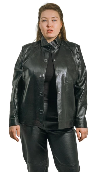 Lisa Büyük Beden Klasik Siyah Hakiki Kuzu Derisi Kadın Ceket - 2