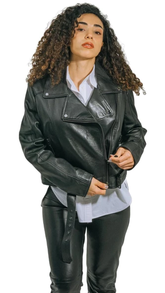 Emery Biker Tarzı Hakiki Kuzu Derisi Oversize Kadın Ceket Özel Tasarım - 6