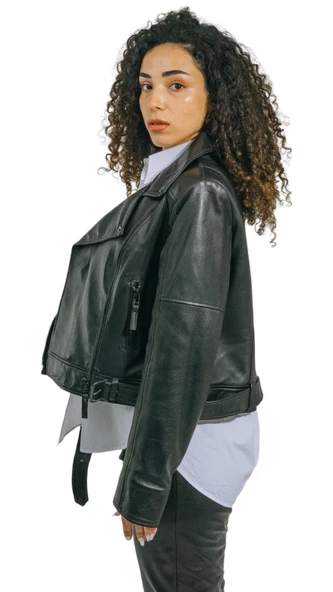 Emery Biker Tarzı Hakiki Kuzu Derisi Oversize Kadın Ceket Özel Tasarım - 2