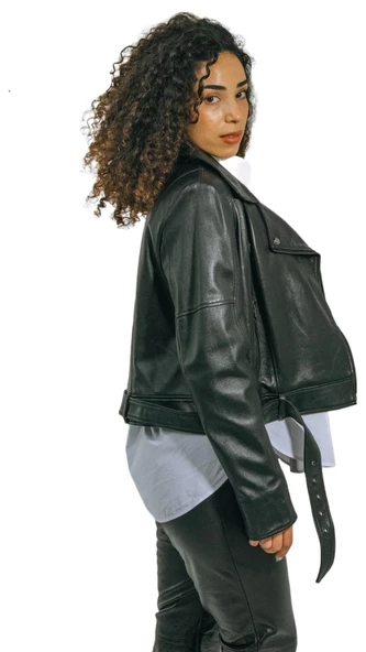 Emery Biker Tarzı Hakiki Kuzu Derisi Oversize Kadın Ceket Özel Tasarım - 4