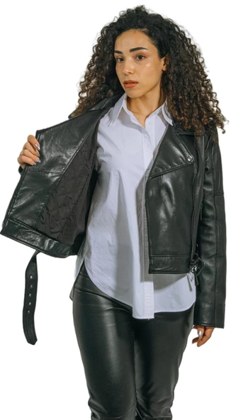 Emery Biker Tarzı Hakiki Kuzu Derisi Oversize Kadın Ceket Özel Tasarım - 5