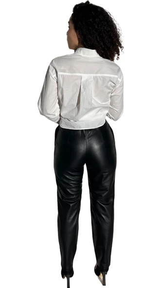 Almira Hakiki Deri Siyah Pantolon Kuzu Derisi Kemerli Yan Cepli - 3