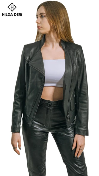 Siyah Hakiki Deri Kadın Ceket Love Mıknatıs Yaka Detaylı - 5