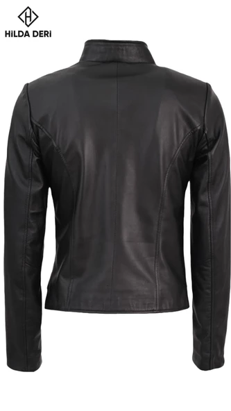 Siyah Hakiki Deri Kadın Ceket Love Mıknatıs Yaka Detaylı - 9