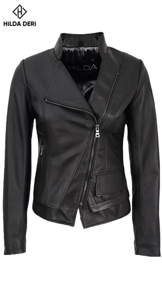 Siyah Hakiki Deri Kadın Ceket Love Mıknatıs Yaka Detaylı - 8