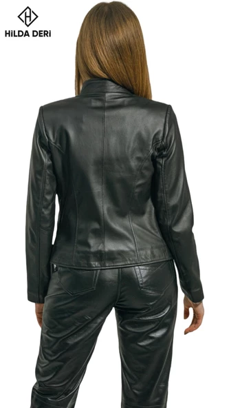 Siyah Hakiki Deri Kadın Ceket Love Mıknatıs Yaka Detaylı - 7