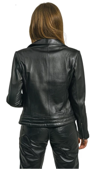 Kadınlar İçin Hakiki Deri Ceket Biker Tarzı Siyah Lotus - 5