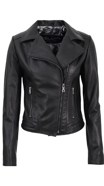 Kadınlar İçin Hakiki Deri Ceket Biker Tarzı Siyah Lotus - 10