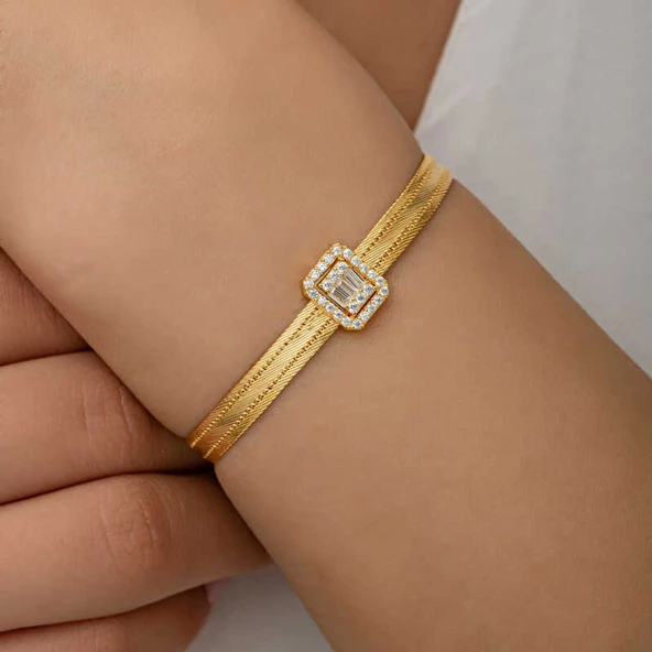 Lucky Life 925 Ayar Gumuss  Gold Baget Taşlı Trabzon Hasır Lucky Life Lucky Life Kadın Bileklik - 6