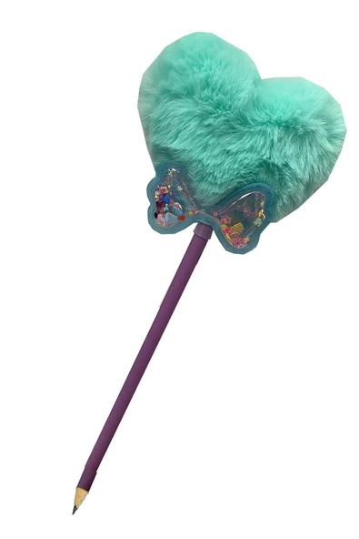 Papyonlu Kalp Ponponlu Peluş Kurşun Kalem 1 Adet Peluş Tüylü Kalp Ponpon Kurşun Kalem Hediye Kalem Tüylü Sevimli Kalem - 4