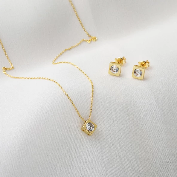 Kare Model Tektaşlı 14 Ayar Altın Set Takımı - Resim 2