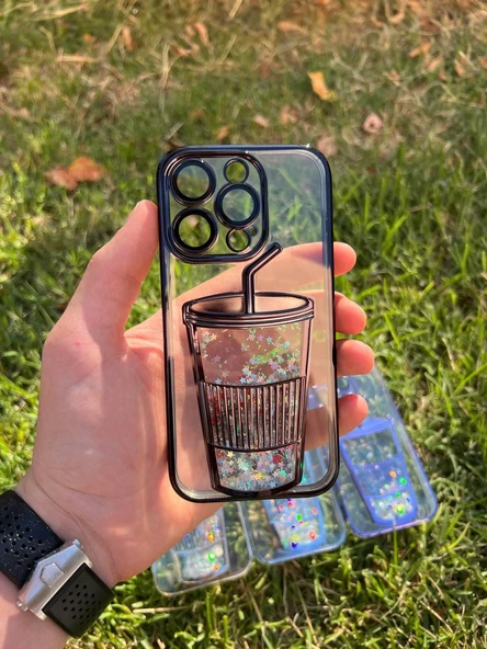 İphone 14 Pro Max  Bardak Desenli Simli Sulu Silikon Telefon Kılıfı - Resim 4