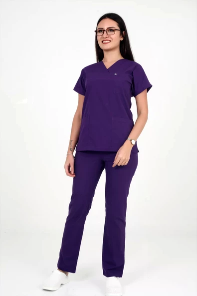 Deniz İş Kadın Terycotton Yarasa Kol Mor Renk Scrubs Takım - 5