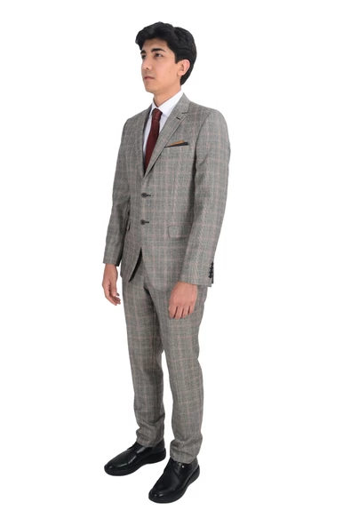 Cengiz İnler Yıldız Ekose Desen Çift Düğme 6 Drop Slim Fit Erkek Takım Elbise - 4