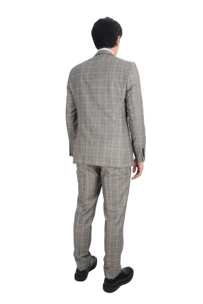 Cengiz İnler Yıldız Ekose Desen Çift Düğme 6 Drop Slim Fit Erkek Takım Elbise