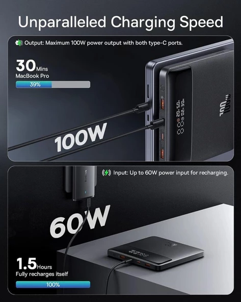 Baseus Dijital Göstergeli Süper Hızlı PD 100W 20000MAH Powerbank Apple Macbook Pro Notebook Powerbank - 4