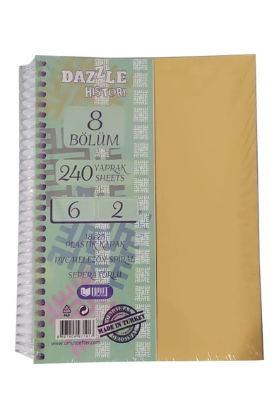 Orta Boy 6+2 Ayraçlı Defter 8 Konulu 240 Yaprak 1 Adet 6 Kareli 2 Çizgili Spralli Plastik Kapak Seperatörlü 18x25 cm