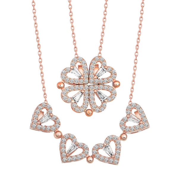 925 Ayar Gümüş Rose Kalpli Açılabilen Yonca Kadın Gümüş Kolye - Resim 3