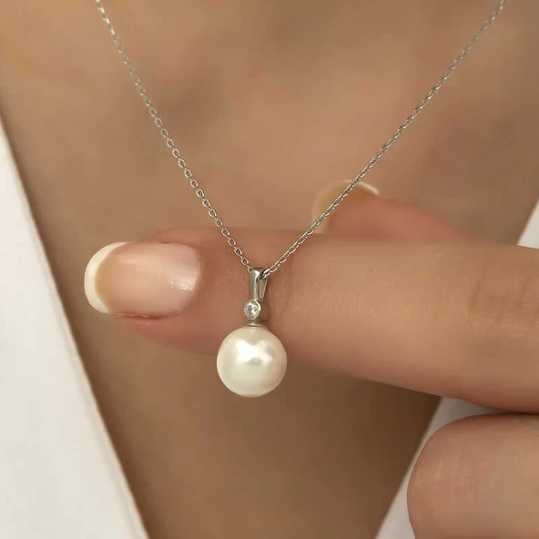 925 Ayar Gümüş Yuvarlak İnci Kadın Gümüş Kolye - Resim 4