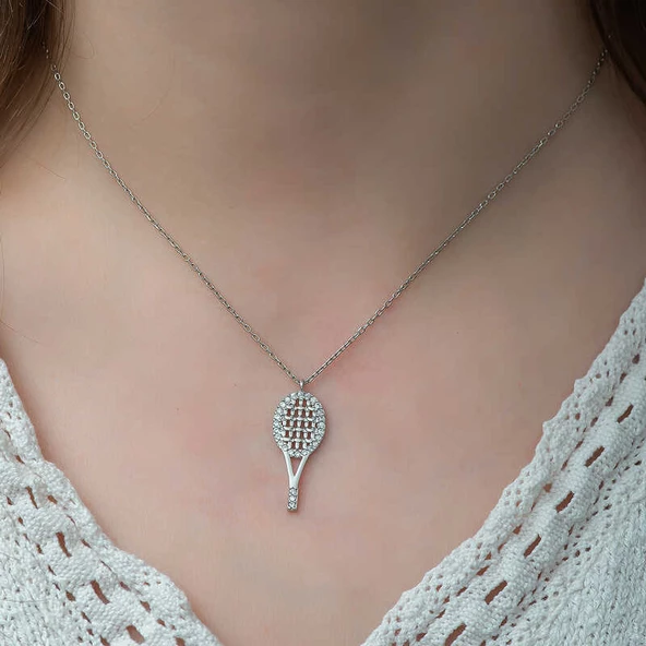 925 Ayar Gümüş Tenis Raketi Kadın Gümüş Kolye - Resim 3