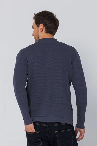 Erkek Regular Fit Düz Renk Polo Yaka Fermuarlı Uzun Kollu Triko Kazak - 10