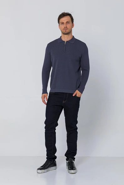 Erkek Regular Fit Düz Renk Polo Yaka Fermuarlı Uzun Kollu Triko Kazak - 11